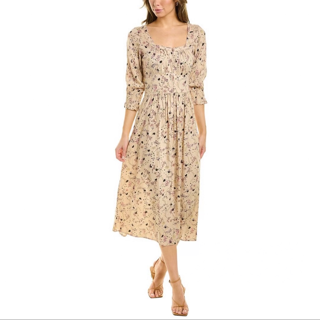Ba&Sh Maya Beige Floral Print Square Neck 3/4 Sleeve Button Down Midi Dress